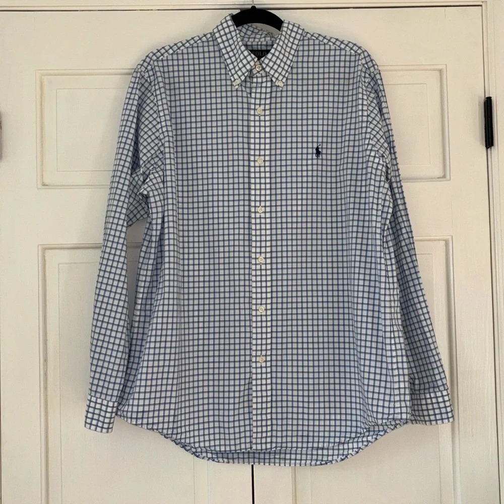 POLO RALPH LAUREN Mens Blue White Black Plaid Button Down Shirt Size Large Twill